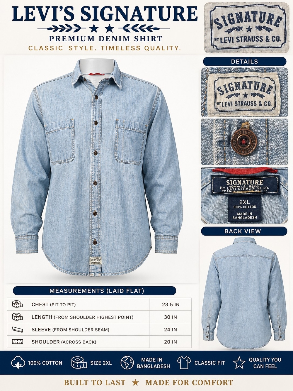 Levi's Signature by Levi Strauss & Co. Premium Denim Button-Up Shirt | Men's 2XL